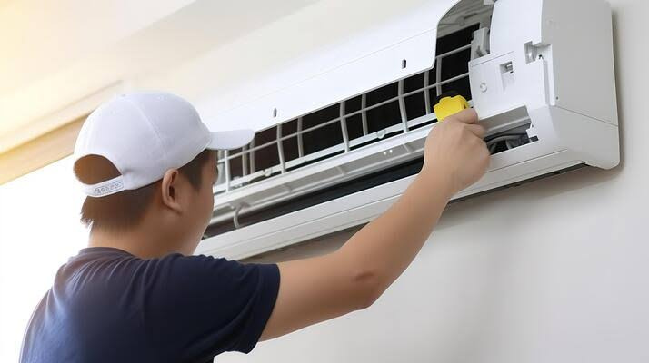Técnico de ar condicionado trabalhando